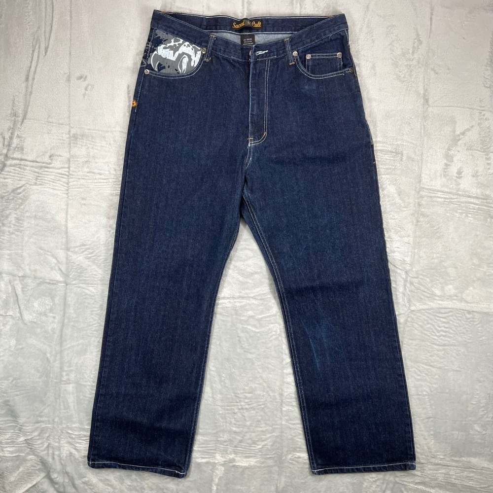 Rare Sacred Cult Mens Graphic Jeans 38x32 Dark Wash Leopard Streetwear Y2K Denim